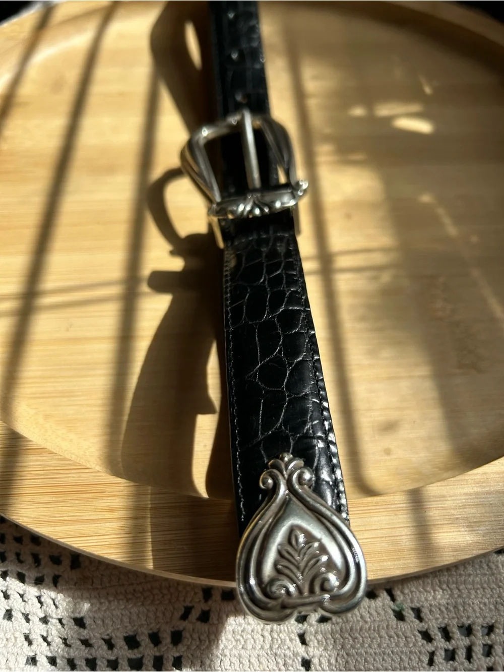 Brighton Black Croc-Embossed Leather Belt with Silver Ornate Buckle